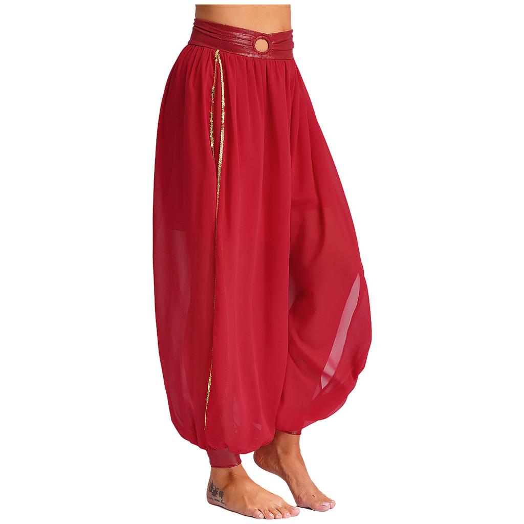 Women's Chiffon Belly Dance Pants Ruched Waistband Side Split Pants Performance Costume