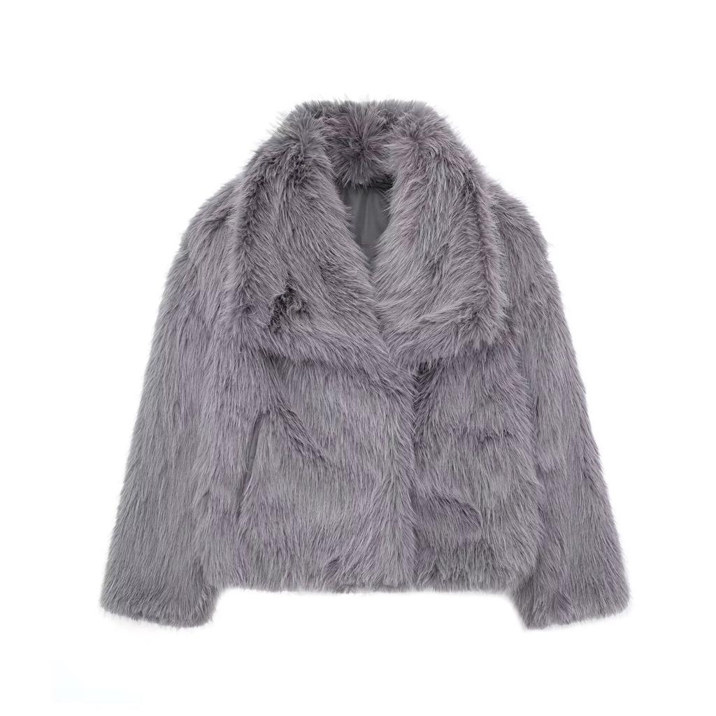 HH Women Fashion Cropped Faux Fur Jacket Coat Long Sleeve Front Snap-button Female Outerwear Chic Lapel Collar Thick Coat