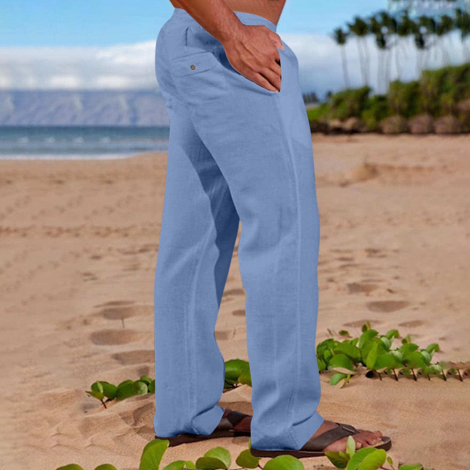 

Мужские льняные брюки, летние пляжные брюки, эластичные на талии, прямые, удобные повседневные брюки для отдыха на открытом воздухе XXL светло-синий