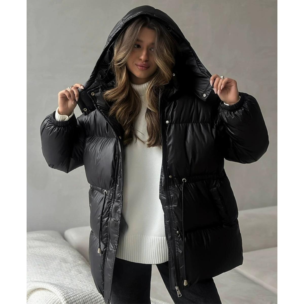 Women s Hooded Long Sleeve Oversized Commuter Drawstring Waist Puffer Coat Cotton Jacket S чёрный