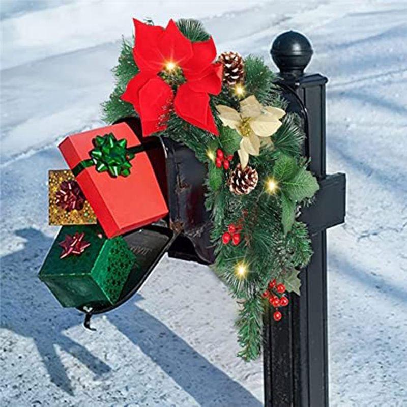 AEE4-Christmas Mailbox With Lights Berry Red Flowers Clusters Pine Cones, Mailbox Christmas Outdoor, Christmas Mailbox Decor