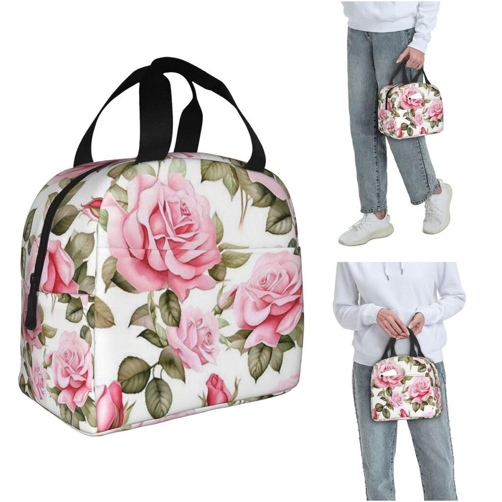 Pink Rose Watercolor Pattern Insulated Lunch Bag for Women Kids Portable Food Boxes Thermal Lunch Box Tote