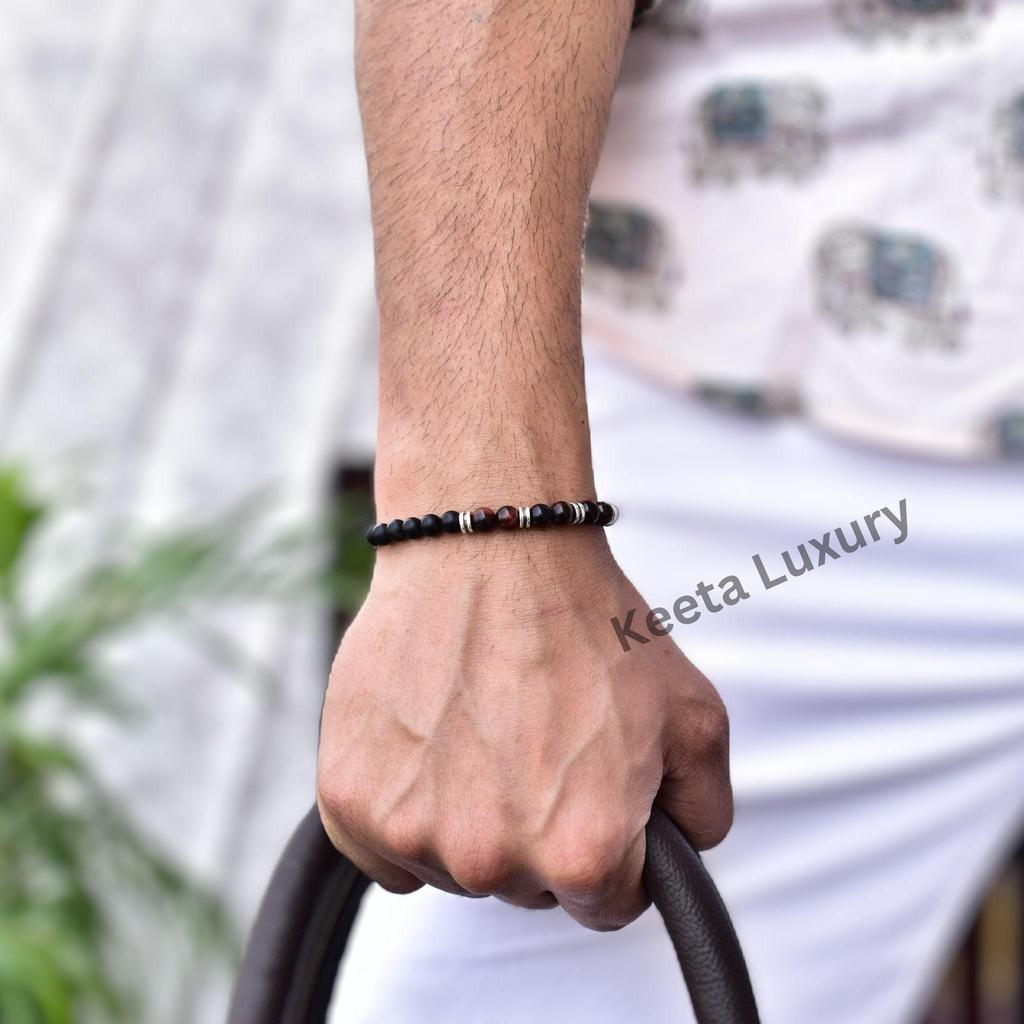 Genuine Red tiger's eye and matte onyx beaded bracelet Stretchable beaded bracelet for men Two gemstones jewelry for him gift for him