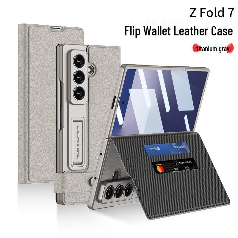 Samsung Z Fold7 Leather Wallet Case with Stand, Card Slot, and Protective Film