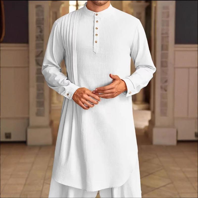 New-style plain-coloured cotton-linen button-down long-sleeved casual shirt for Muslim men