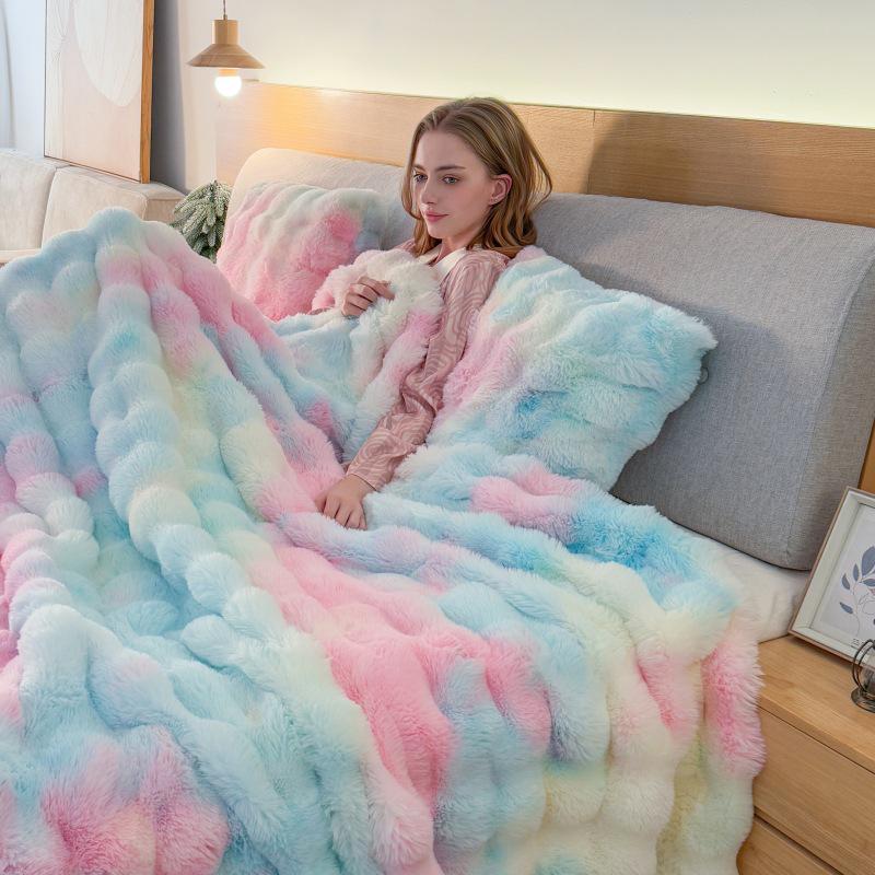 Double-Sided Tie-Dye Faux Rex Rabbit Fleece Throw Blanket