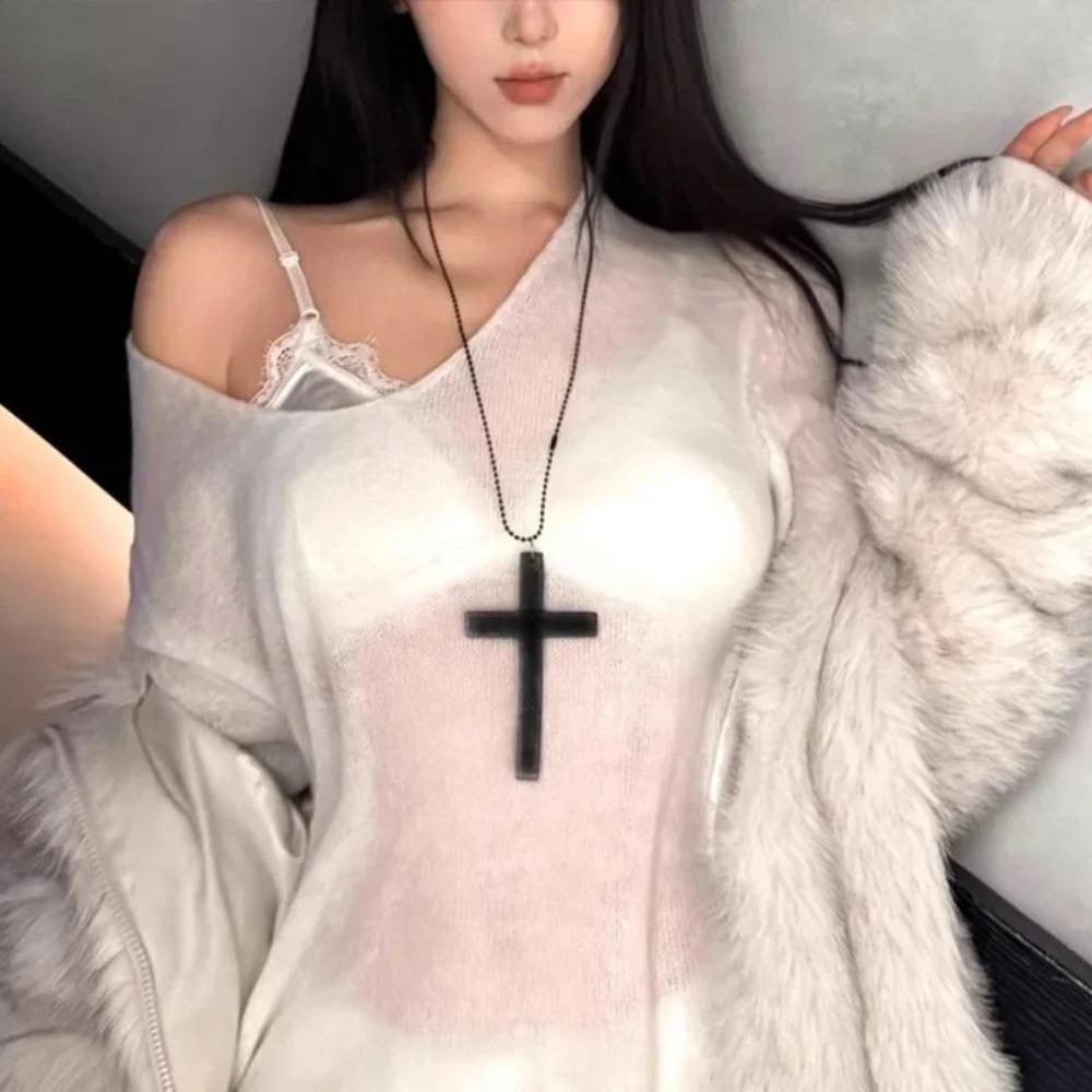 Fashion Punk Gothic Wood Cross Pendant Necklace for Women Men Halloween Vintage Black Hip Hop Y2K Accessories Party Jewelry Gift