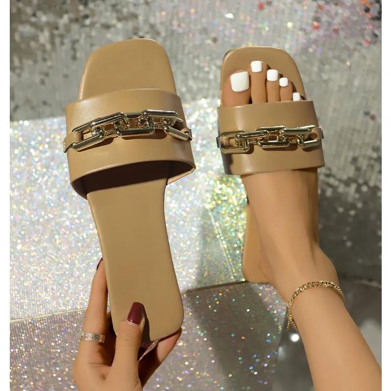 New Fashion Women's Slippers Square Toe Chain Slippers Sandals Sets Flat Shoes and Bag Set Matching Handbag for Women Luxury