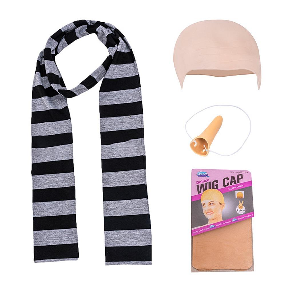 

4pcs Despicable Me Gru Cos Kits Fake Nose Black Gray Striped Scarf Halloween Costume Accessories Bald Cap Cosplay Set for Adult