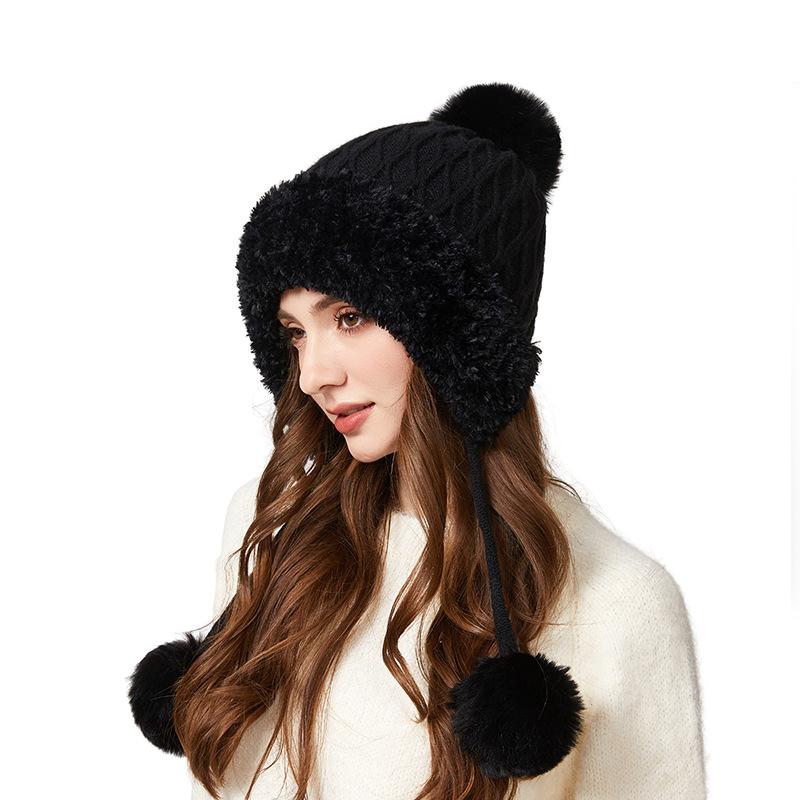 Autumn Winter Women's Three-Hair Ball Velvet Thick Cold Ear Protection Warm Knitted Cap