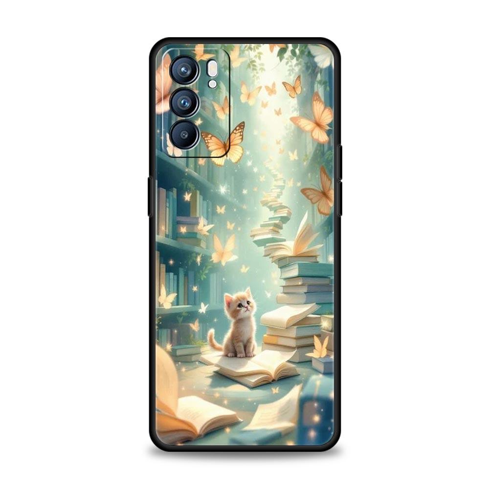 Handyhülle für Oppo A17 A31 A54 A57 A78 A79 Find X5 X6 Reno 7 8 10 11 12 13 F Pro Weiches TPU Niedliches Schmetterling Katze Bücherregal Design