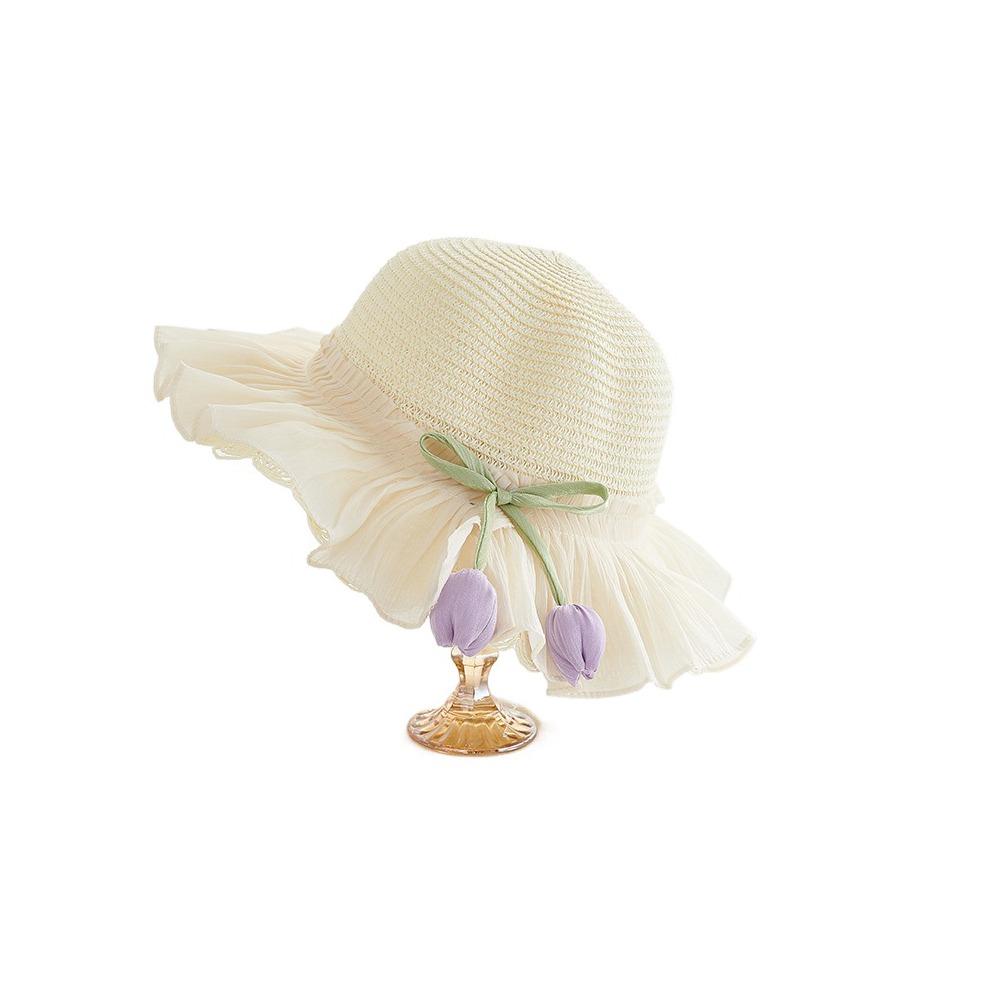 with Same Style Crossbody Bag Tulip Straw Sun Hat Korean Style Lace Brim Beach Cap  Baby