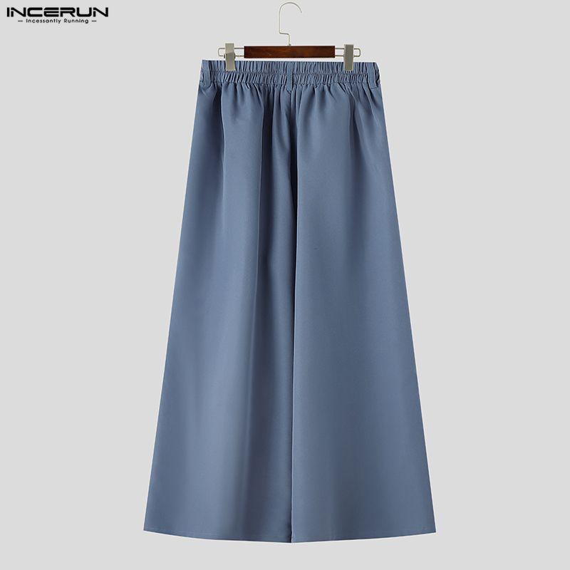 INCERUN Men High Waist Back Elastic Pockets Casual Long Wide Legs Trousers Pants