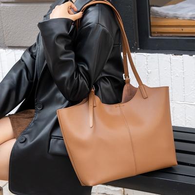 Genuine Leather Autumn and Winter New Tote Bag, High-end Versatile Cowhide Solid Color Commuter Bag, Large Capacity Shoulder Armpit Bag