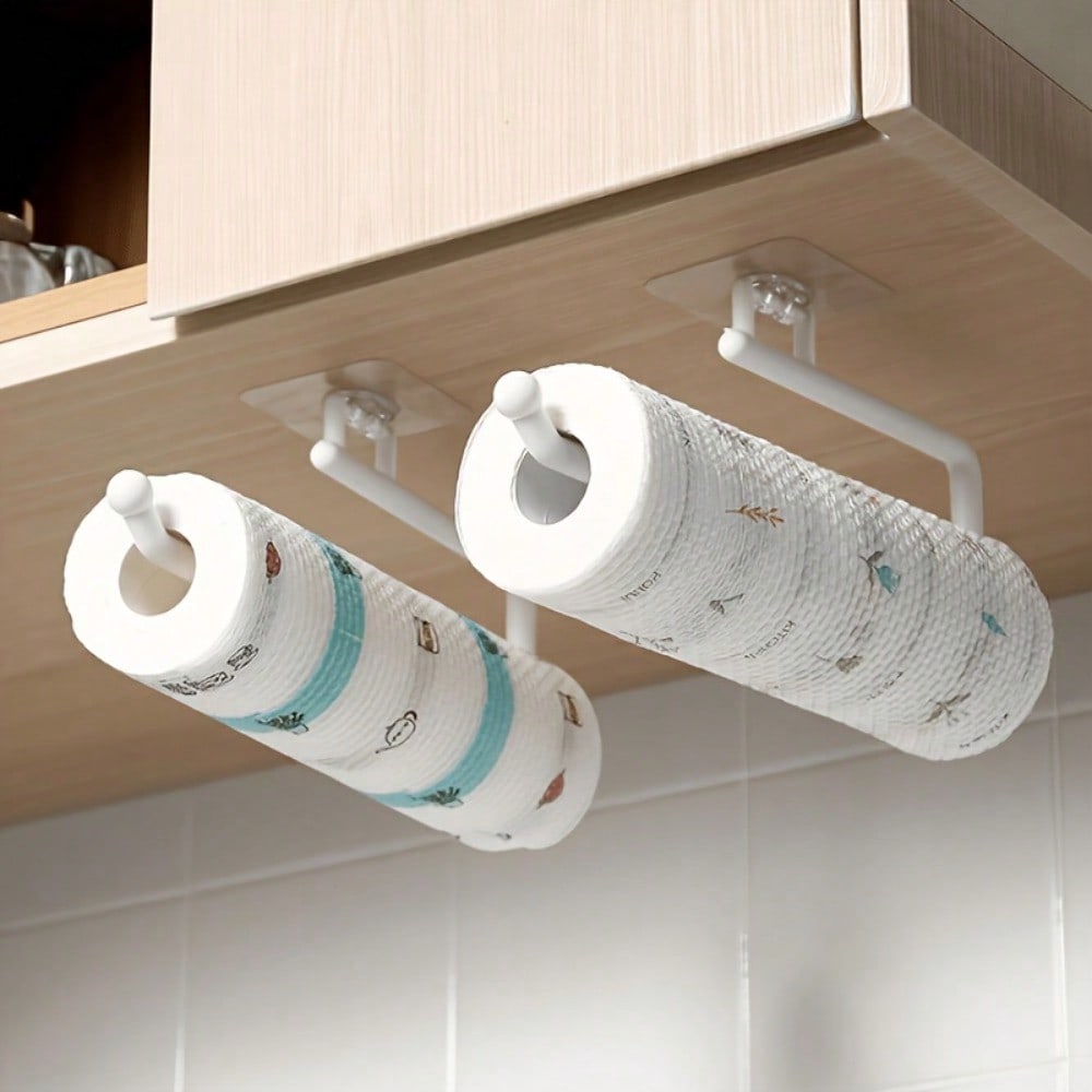 1pc Punch-free Kitchen Paper Towel Rack, Toilet Paper Holder, Paper Roll Rack Hanger, Plastic Film Storage Rack, Rag Storage Rack