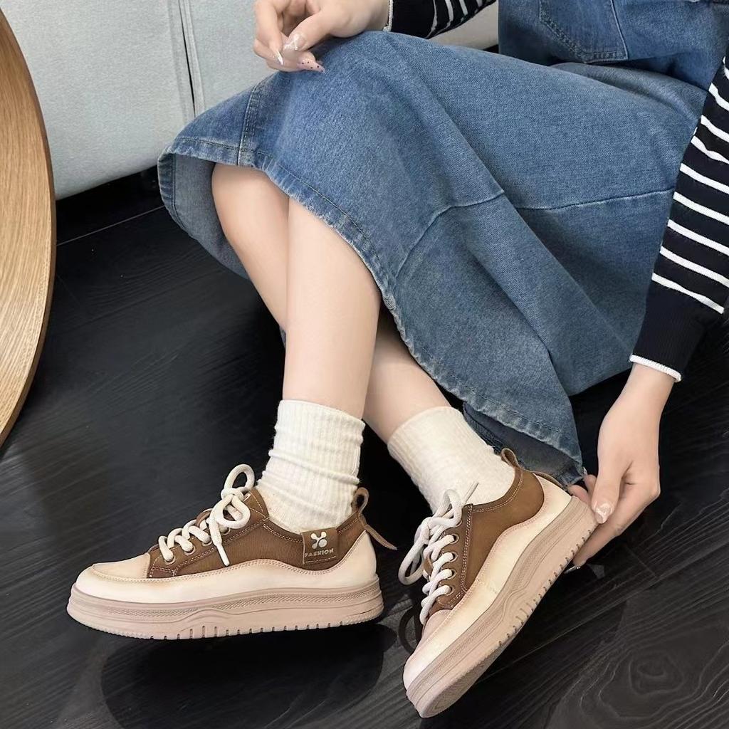 Little white shoes women's first layer cowhide new retro sports and leisure shoes lace up thick sole lightweight soft baseplate shoes