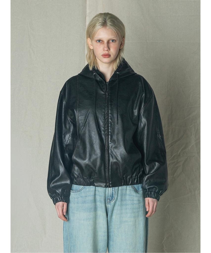 Sand Sound (Unisex) Faux Leather Hooded Jumper Black