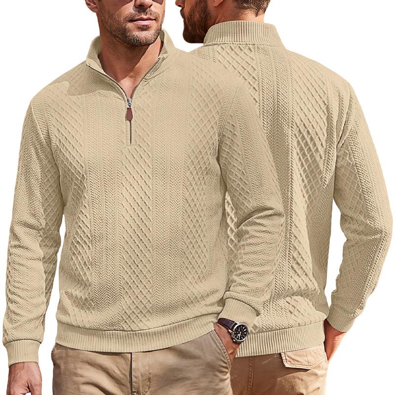 Men's Vintage Diamond Textured Half Zip Pullover Sweatshirt Long Sleeve Polo Collar Casual Top with Leather Zipper Pull Black