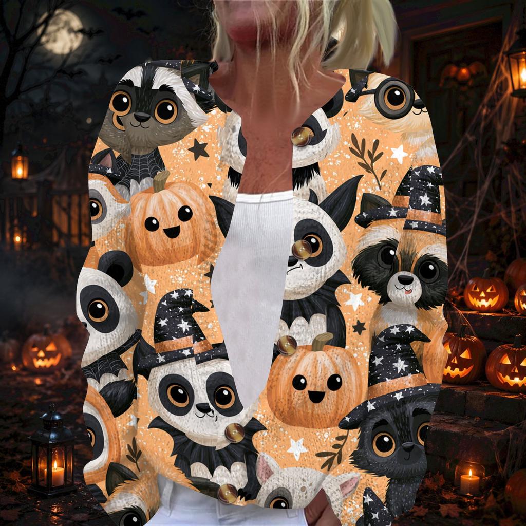 Damen Strickjacke mit langen Ärmeln und Halloween-Print, Knopfleiste vorne