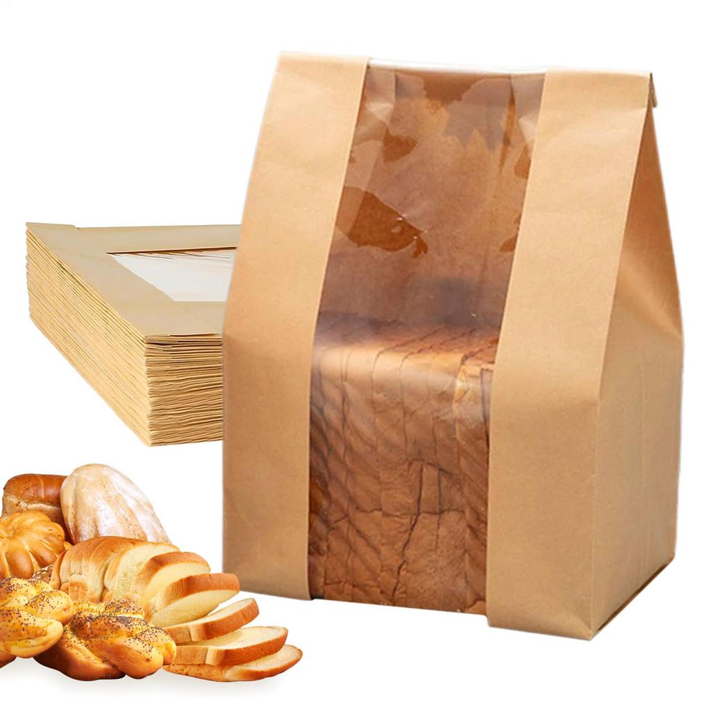 50pcs Kraft Paper Bag Toast Bag Packaging Bag Self Sealing Bread Bag Baked Food Wrapping Pouches Biscuits Cake Bag Free Sticker