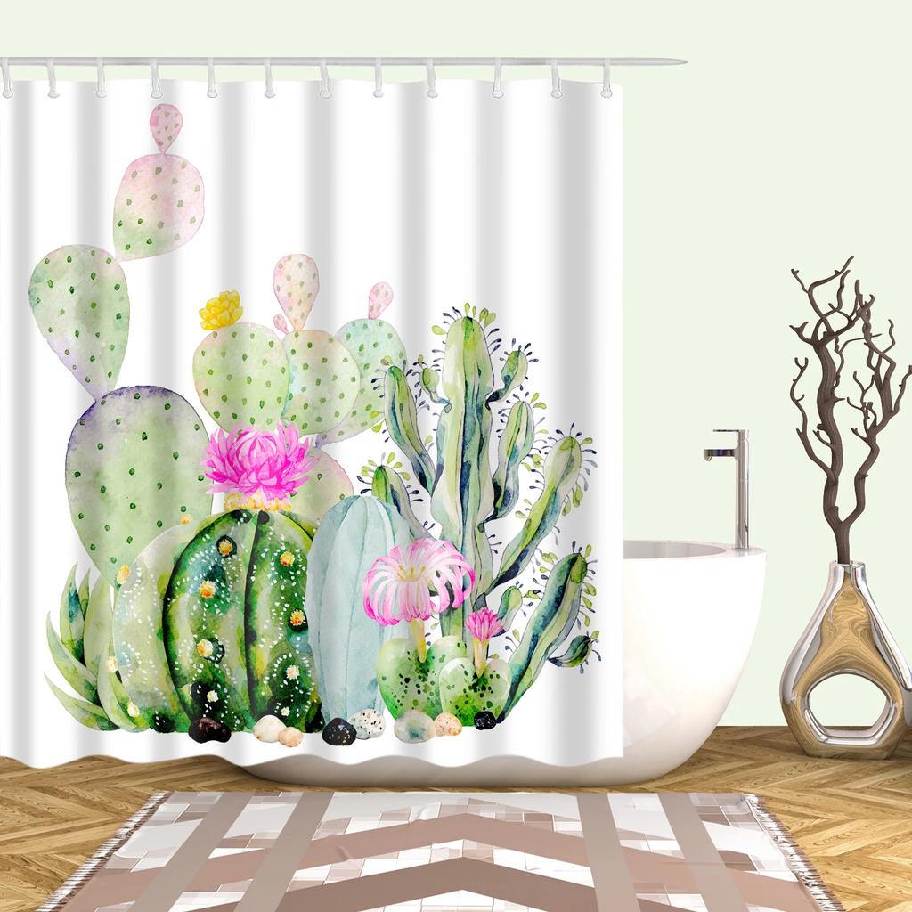 Watercolor Tropical Leaves Shower Curtain Waterproof Mildew Resistant Polyester Fabric With 12 Hooks Easy Installation For Bathr