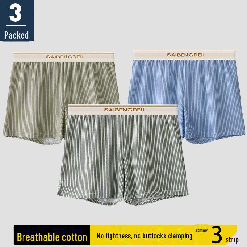 "Men's Loose-Fit Striped Cotton Boxer Shorts - Breathable, Large Size"