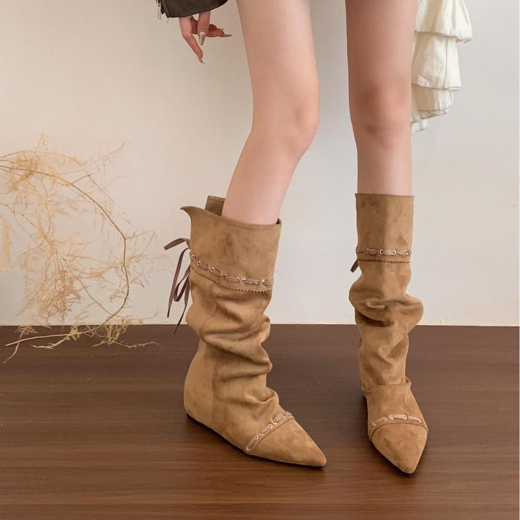 "Wasteland Spice Girls" Inner Heightening Western Cowboy Boots Women's Autumn and Winter Pile Boots Lace-up Skinny Knee Boots