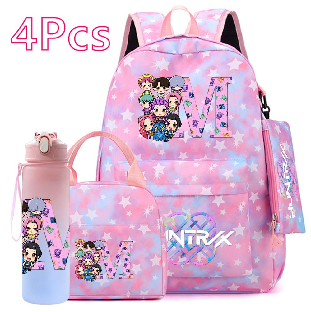 4Pcs/set 26 English Letter K-POP Printed Backpack Handbag Pencil Case 750Ml Water Bottler for Teenager Boy Girl Bookbag Schoolbag With Drinking Cup