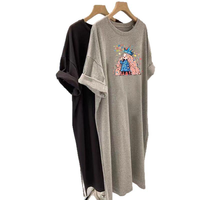Korean Hip-Hugging Printed Plus Size Summer Dress, Mid-Length Over-the-Knee T-Shirt Style for Women, 2025 New Collection