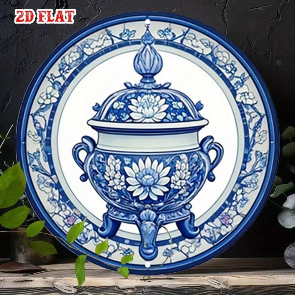 Vintage Blue White Porcelain Floral Metal Sign 7.8 Inch Round Rustproof Wall Decor For Cafe Beach Home Plate Art