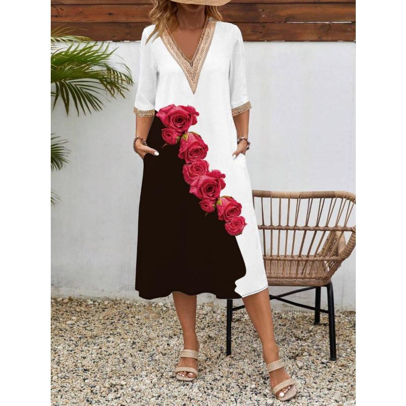 Damen Frühling/Sommer Bedrucktes Kurzarmkleid Spitze V-Ausschnitt Locker Swing Kurzarm Mittellanges Kleid