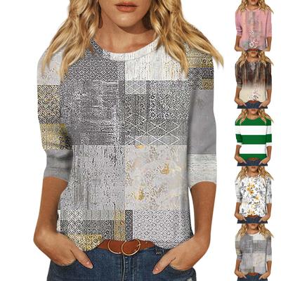 Top cu gât rotund, cu mâneci raglan 3/4, imprimat casual, la modă pentru femei