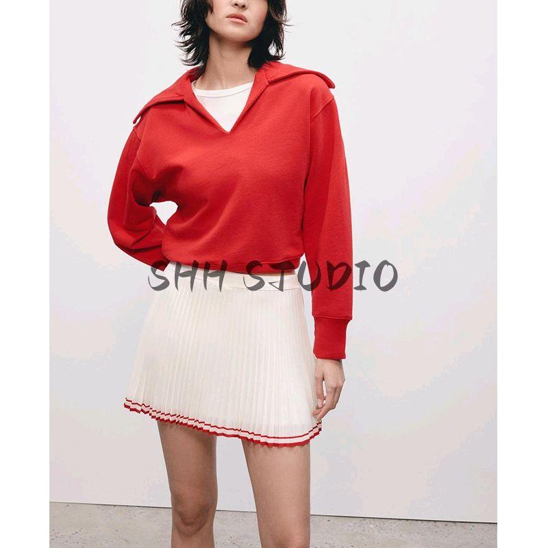 Spring Rib Decoration Woven Large Collar Short Sweatshirt 0858304 Lantern Balloon Cotton Mini Skirt 0858306