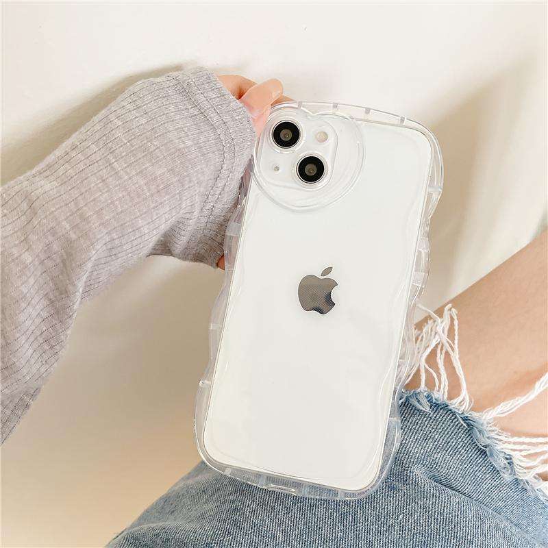 Transparent Curly Wavy Soft Case For iPhone 15 14 13 12 11 Pro Max X XR XS Max Love Heart Camera Protection Silicone Candy Cover