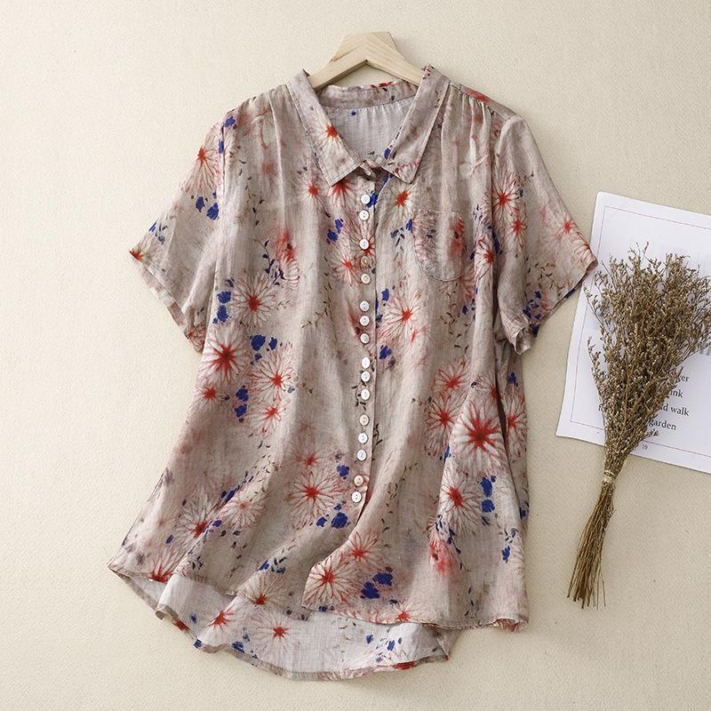 Sommer Retro Kragen Bedrucktes Kurzarmhemd Damen Künstlerisches Loses Blumenblusen- und Hemdoberteil