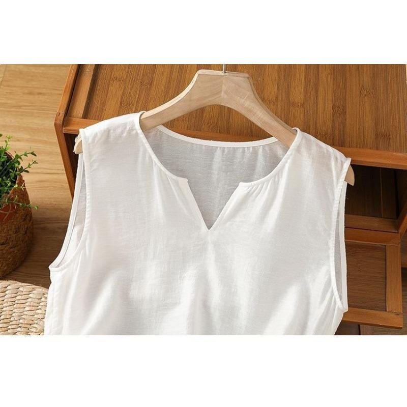 Women White Linen Blend Notch Neck Sleeveless Tank Top Hem Ethnic Embroidery Loose Casual Vest