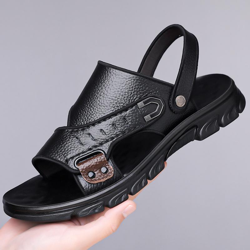 

2025 summer new beach shoes men s first layer cowhide soft leather casual dad shoes daily versatile thick-soled cool slippers 38