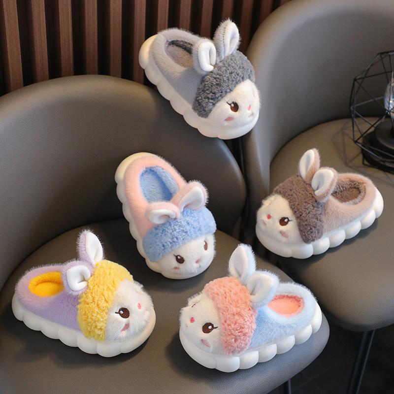 Children's cotton slippers winter velvet thickened warm soft sole non-slip home cartoon cute boy and girl baby parent-child shoes
