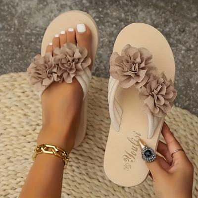 Damen Zehentrenner-Sandalen zum Hineinschlüpfen mit doppeltem floralem Akzent