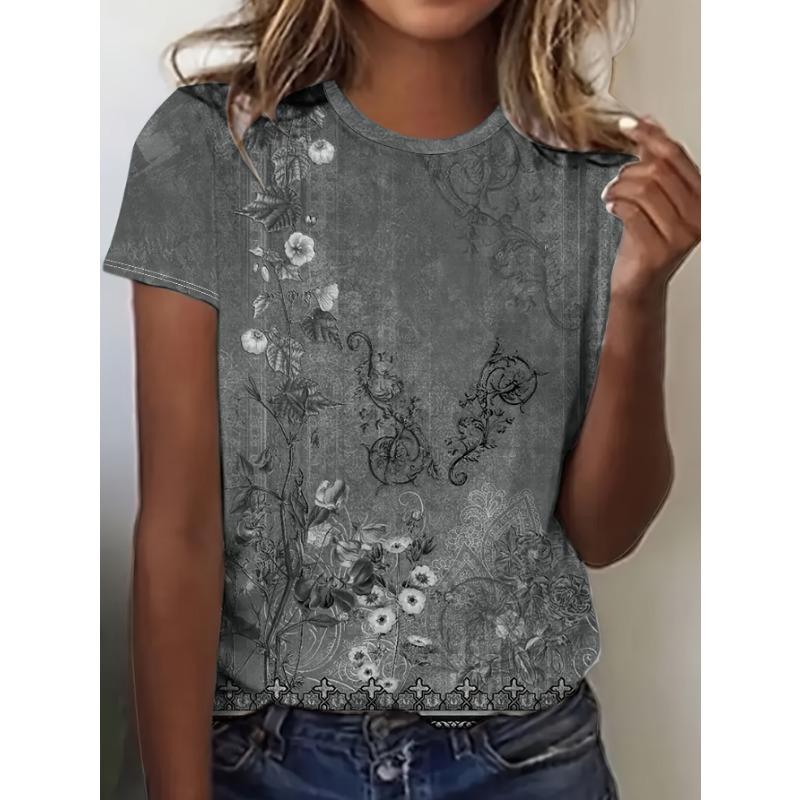 Women's Tee  Vintage Floral Lace Pattern Graphic, Elegant Retro Print Design for Casual Daily Wear