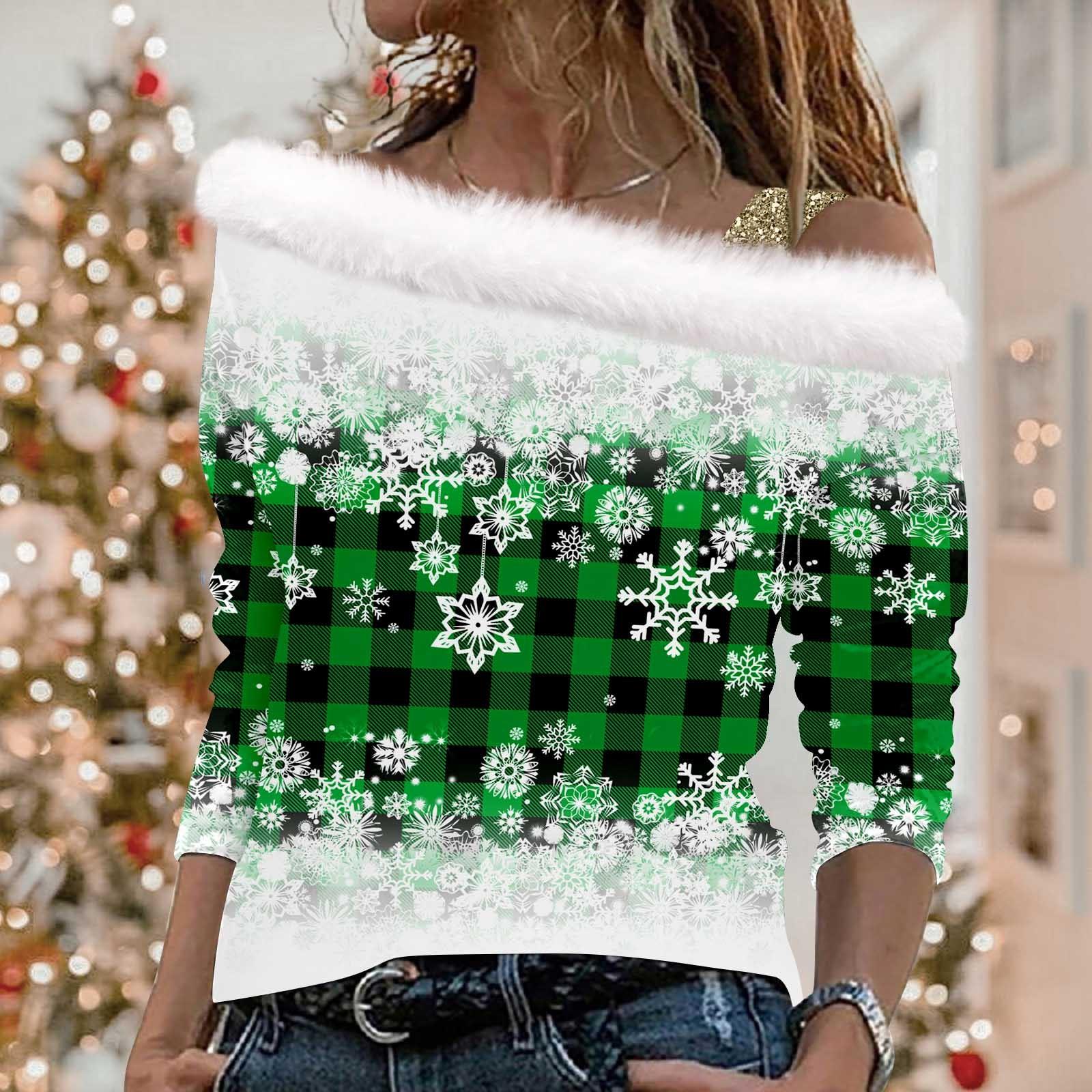 

Женские топы с длинными рукавами. Модные женские свободные пуловеры с открытыми плечами с рождественским принтом. XL зелёный