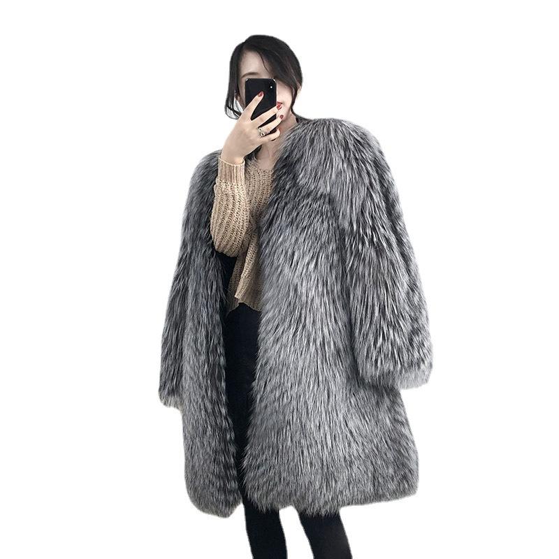 Winter New Faux Fox Fur Grass Coat Women's Mid Length Young Mink Fur Over Knee Fur Coat