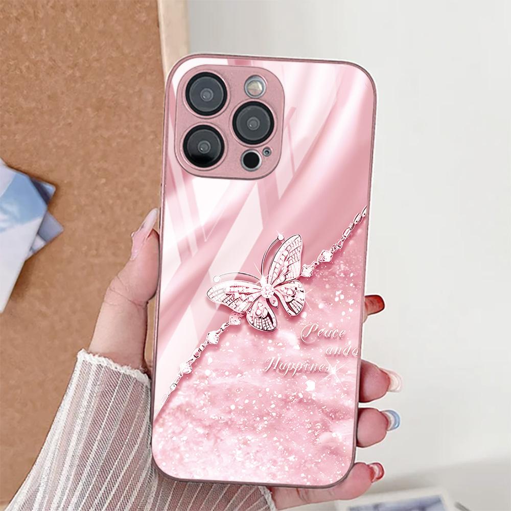 Tempered Glass Phone Case For iPhone 17 Pro Max 11 15 13 14 12 16 Pro Max 17 Air 16E SE 2022 7 8 Plus XR Elegant Butterfly Cover