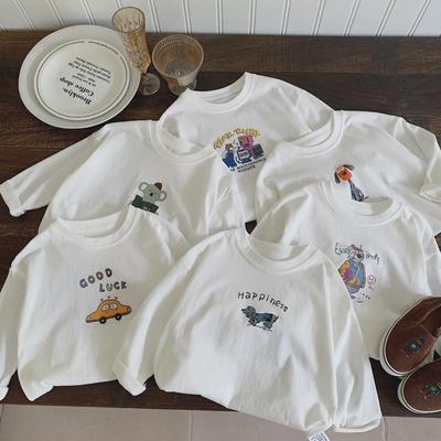 Camiseta de Algodão Puro de Manga Comprida para Meninos e Bebês - Top Versátil de Primavera/Outono