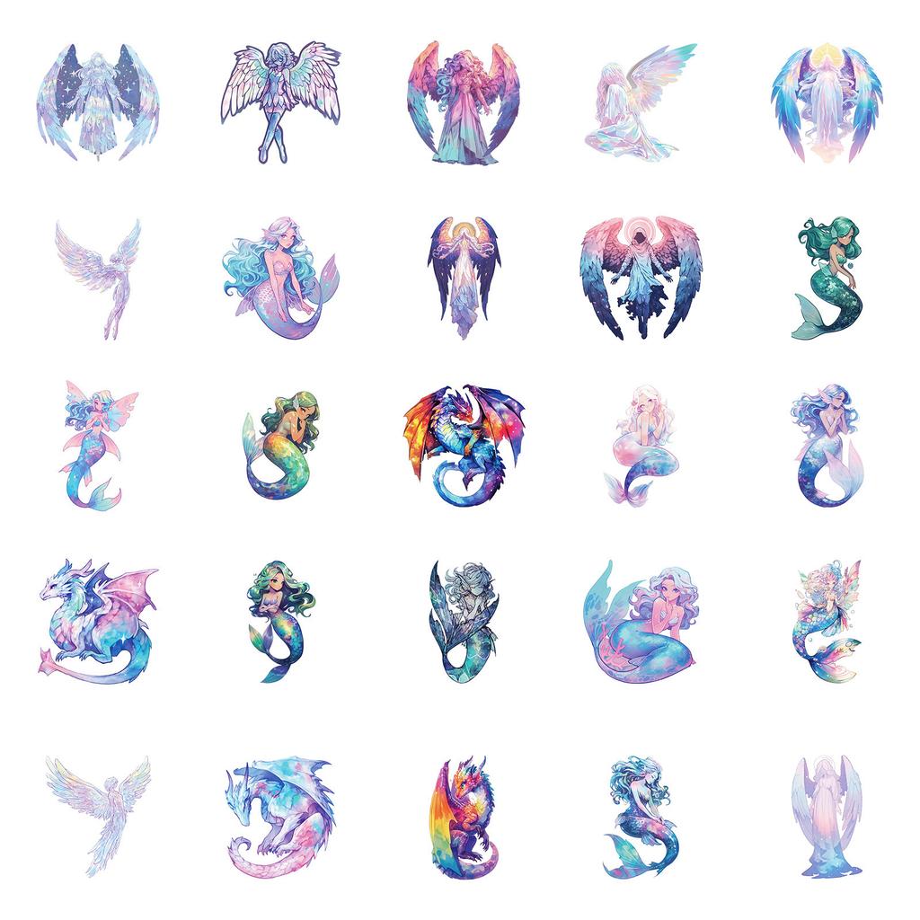 50 Mermaid Angel Holographic Graffiti Dream Stickers Water Cup Luggage Decorative Stickers Waterproof Creative Stickers