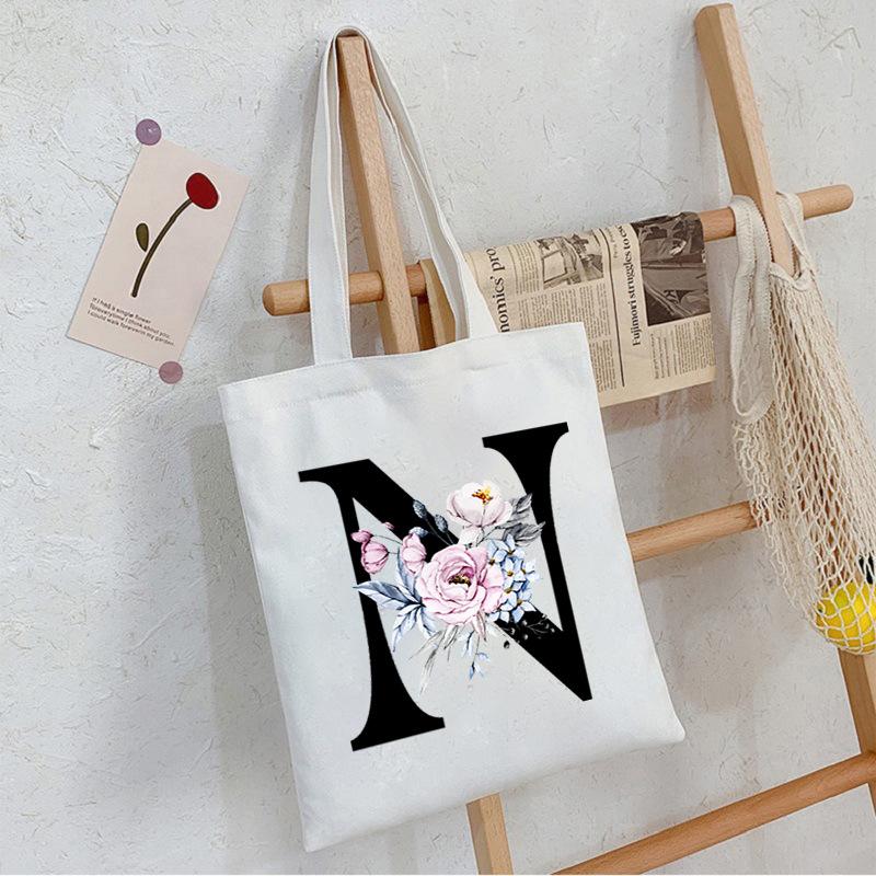 Alphabet24 Letter Print Student Portable Canvas Bag Tote Bag Large Capacity Messenger Bag