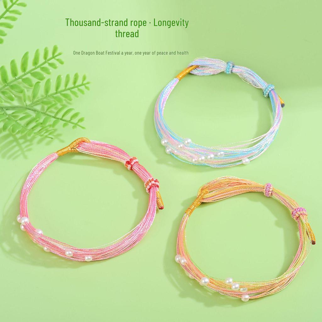 Dragon Boat Festival Five-Color Pearl Knot Bracelet - Hand-Woven Silk Longevity Gift
