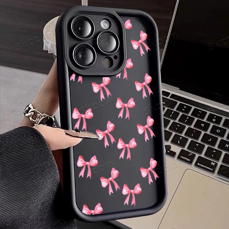 Simple Pink Cherry Bow Pattern Phone Case For iPhone 17 16 15 14 13 12 11 Pro Max 17 Air 16E X XR XS 7 8 Plus Shockproof Cover