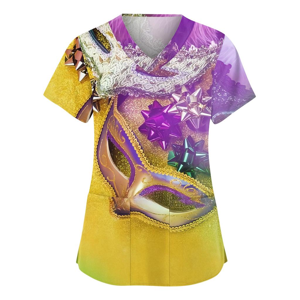 Women's Fashionable V-neck Workwear Printed Short Sleeved Pocket Side Slit Workwear Basic Pullover Top