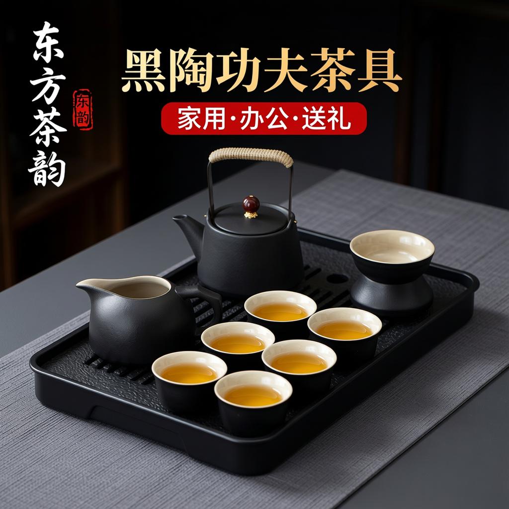 Black pottery Kung Fu tea set, tea tray 1011 new home young people drink tea, special teapot for making tea, a complete set of teacups